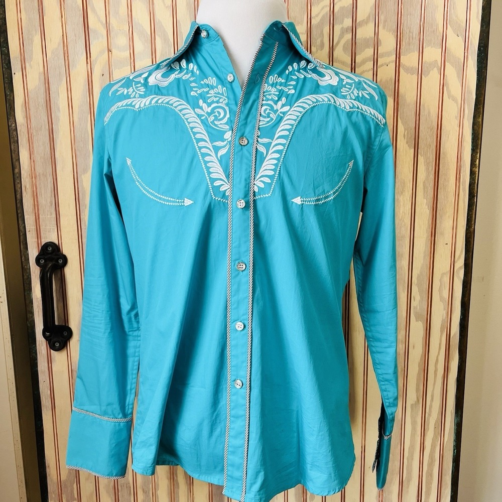 Daupanzees Turquoise Embroidered Western Shirt Button Up‎ Rodeo Urban Cowboy M